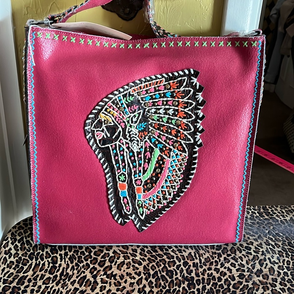 Pink Indian headdress leather bag